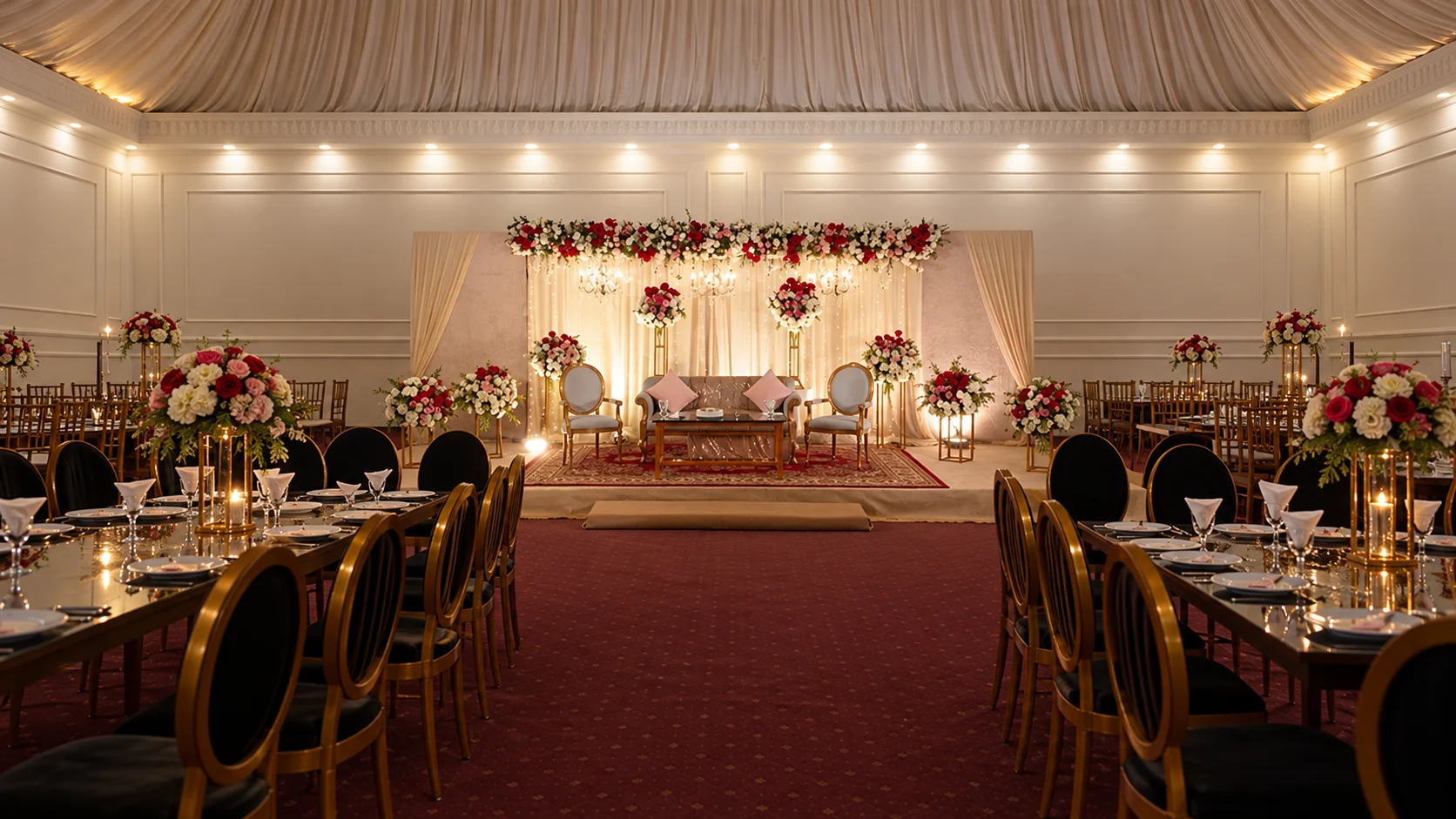 Salón preparado para una boda, con sillas doradas y escenario floral
